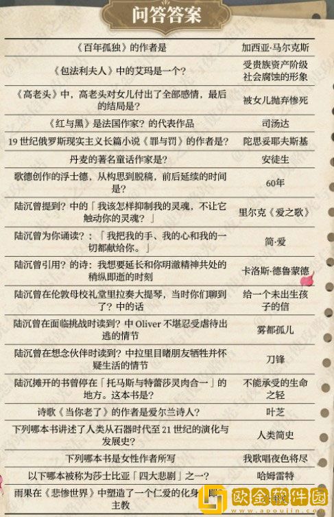 光与夜之恋书海文渊答案是什么 书海文渊答案一览